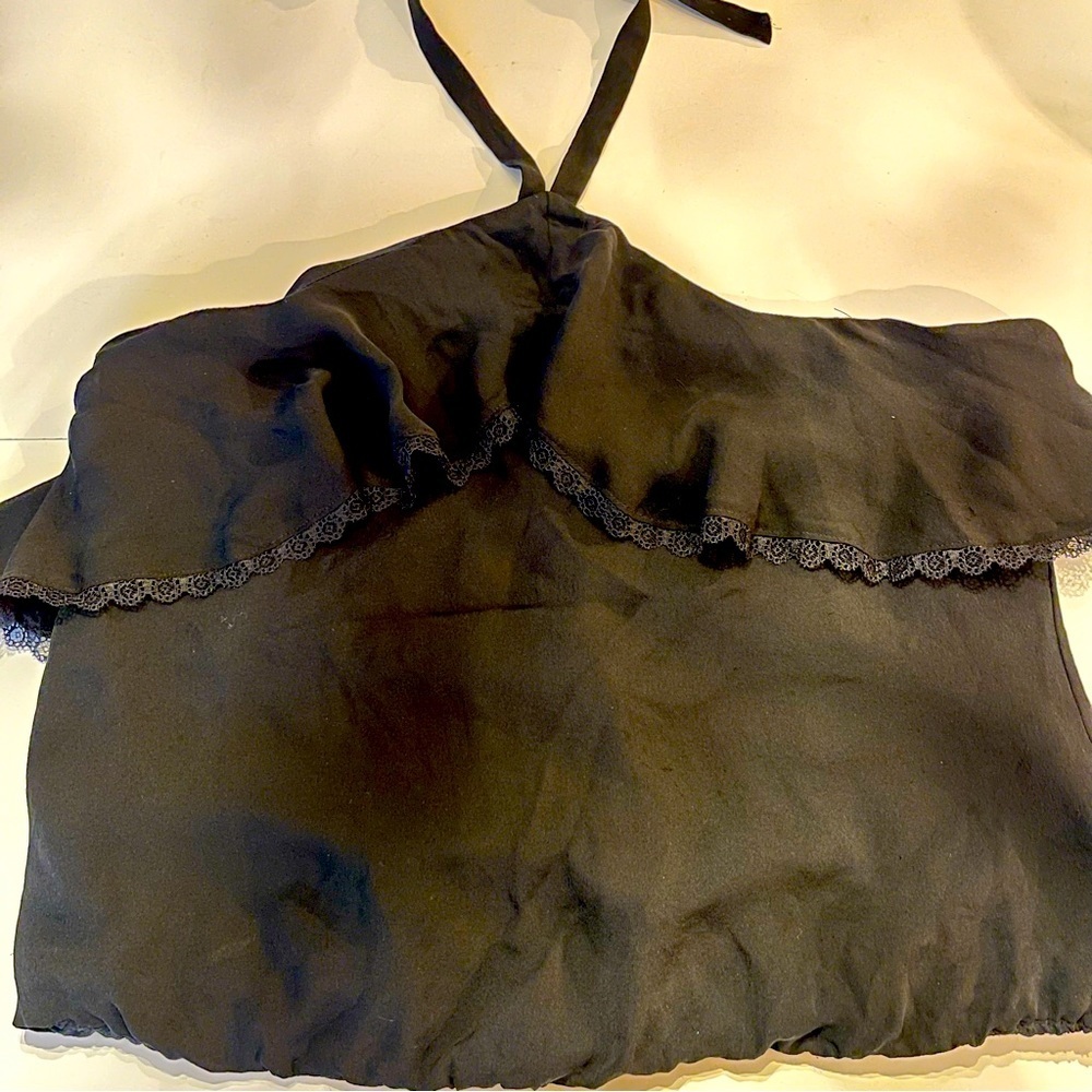 Alice + Olivia Petite L 100% Silk Black Halter Strapless Top Lace Trim Tie Neck